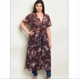 Soprano Plum Floral Kimono Duster Plus Size | Short Sleeve Front Tie Long Wrap